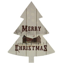 Home Cabin Décor 'Merry Christmas Barn' by Billy Jacobs 14x18 Print on Wood Tree Cut-Out Red Barn Fence Snowing Snow Snowflakes Art Picture Wall Hanging Plaque