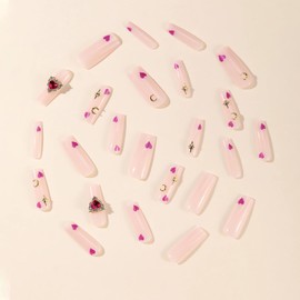 24Pcs Star Moon Nails Press ons Long Fake Nails with Pink Heart Designs Cute False Nails 3D Purple Hearts Stick on Nails Long Square Shape Glossy Pink Press on Charms for Women Finger Manicure