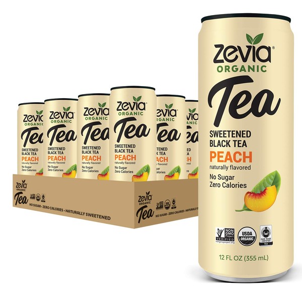 Zevia Organic Sugar Free Iced Tea, Black Tea Peach, 12 Ounce Cans (Pack of 12)