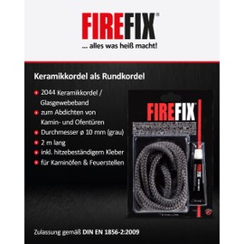 FIREFIX FIREFIX 2044 Keramikkordel ? 10mm, grau I 2m Ofendichtschnur fr Kaminofen I Rundkordel I Ofendichtung mit bis zu 1100 C hitzebest?ndigem Kleber 17ml