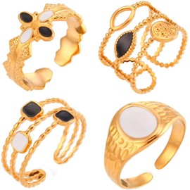 Omky Set Anillos 4 piezas Ajustables, Acero Inoxidable con Baño de Oro 18k - Joyería y Accesorios para Mujer Regalo Mamá Novia - Talla 7