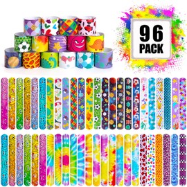 Shindel 96PCS Slap Bracelets Bulk, Kids Slap Wristbands Snap Bracelets Tie Dye Dinosaurs Mermaid Emotions for Party Favors Classroom Prizes Kids Birthday