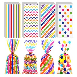 PACKSISTER Colorful Flat Clear Cellophane Treat Bags with Twist Ties for Gift Wrapping, Bakery, Cookie, Candies, Dessert, Baskets Packaging(5"X11",100 Pcs)