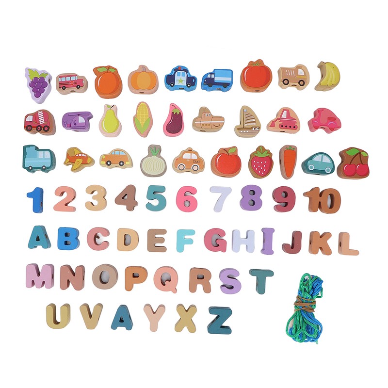 64pcs Lacing Bead Set Wooden Number Fruit Pattern Stringing Beads