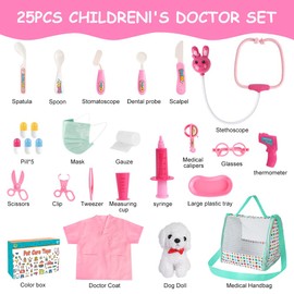 HOTUT Doctors Set for Kids,25pcs Children Pet Vet Care Play Set,Kids Doctorrole Play Toys with Plush Dog,Doctor Costume,Medical Bag ,Simulation Stethoscope for 3-6 Years Girls Boys(Pink)