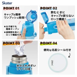 Skater SDC4 Children's Stainless Steel Water Bottle, Direct Drinking, 16.5 fl oz (470 ml), Lightweight Type, For Kids, Gingham, Cold Insulation, Water Bottle, Sports Bottle, For Kids