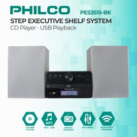 Philco Stereo Shelf Systems Tray Loading CD Player with Digital FM Radio, Bluetooth Streaming, Remote Control in Silver | LCD Display | 3.5mm Headphone Jack | MP3 & AUX Port Compatible | USB Input