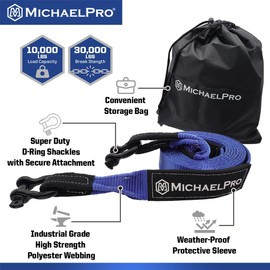MichaelPro 3" x 20' Heavy Duty Tow Strap with D-Ring Shackles, 30,000 lb Break Strength, Tow Ropes for Trucks, Jeep, Boat, Moving Huge Loads, Offroading, Emergencies, Hauling Jobs | MP021005