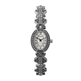 Sekonda 19mm Marcasite Vintage Style Ladies Analogue Bracelet Watch with Stone Set Oval Case and White Mother of Pearl Dial