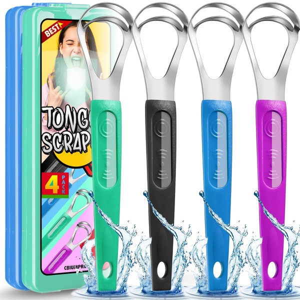 Tongue Scraper, Stainless Steel Tongue Scraper for Adults Kids, Metal Tongue Scraper with Travel Case - Pack of 4