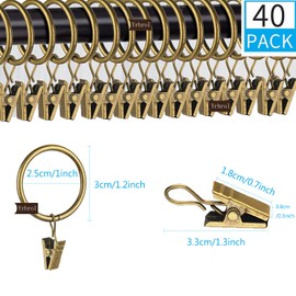 40 Pcs 1-Inch Curtain Rings for Curtain Rod,Antique Brass Metal Curtain Ring with Clips,Decorative Drapery Interior Diameter Curtain Rod Clips Hangers for Bathroom, Living and Guest Room