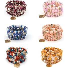 Stackable Beaded Bracelets for Women Retro Tassel Multi-Layer Mixed Color Beaded Bracelet Bangles Set Gemstone Woven Female Jewelry Bracelet (Set of 6)
