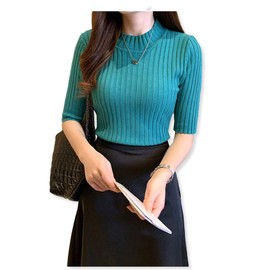Haveli Women's Rib Knit Top, Knit Sew, Half Sleeve, High Neck Sweater, Simple, blue green