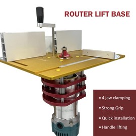 Router Lift, Aluminum Alloy Router Lift System with Stainless Steel Rod, 4 Jaw Clamping, Router Lift Base for 64 to 66mm Diameter Motors