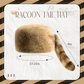 Shyyween Raccoon Tail Hat for Women Men Faux Fur Coonskin Hat with Tail Flat Top Warm Winter Cap for Unisex Cold Weather Brown