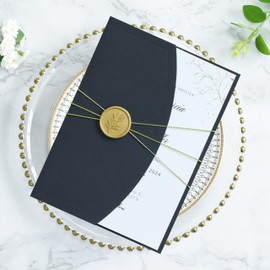 ponatia 20PCS Wedding Invitation Cards Kits - 5x7 Wrap Pocket Black Invitation Cards with Envelopes, Gold Wax Seals, Ribbons For Wedding, Baby Shower, Birthday, 15 XV Anos, Quinceanera Invitation