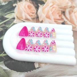 Short Press on Nails Almond Fake Nails with Flower Design Glitter Glue on Nails Ros Red Full Cover Nails Press ons Glossy False Nails Artificial Stick on Nails for Women 24Pcs