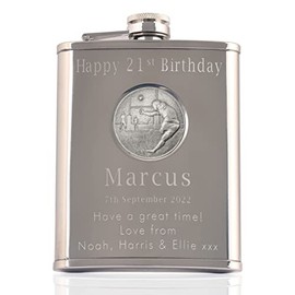 Mens 21st Birthday Stainless Steel Engraved Hip Flask with Solid Pewter Rugby Player Feature