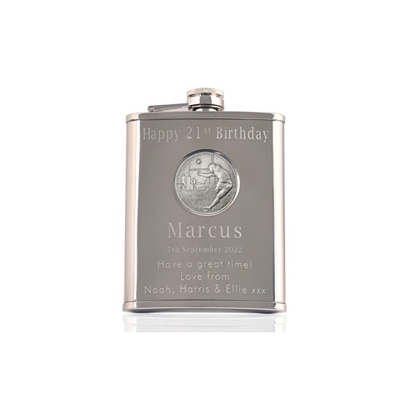 Mens 21st Birthday Stainless Steel Engraved Hip Flask with Solid