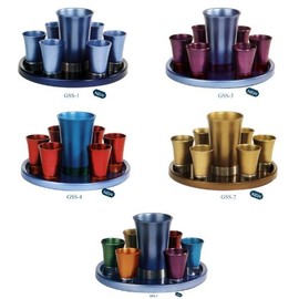 Anodized Aluminum Kiddush Set with Tray, Color GSS-4 Turquoise/Red