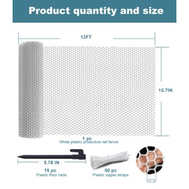 White Upgraded Plastic Chicken Wire Mesh 15.7 IN x 13 FT Rolled with 50 Plastic Zipper Straps and 15 Plastic Floor Nails, Suitable for Protecting Poultry, Mesh Fence for Dogs, Balcony Fence for Pets