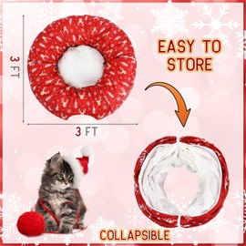 Yeyeplum Christmas Cat Tunnel Bed Toys Cat Tunnel for Indoor Cats Xmas S Shape Tube Tunnel with Ball Under Christmas Tree Cat Cave Cat Kitten Toy Santa Claus Elk Patterns Xmas Gift Pets(Red,Cute)
