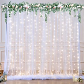 10ft x 10ft White Tulle Backdrop Curtain with Lights String for Parties Wedding Bridal Shower Sheer White Curtain Backdrop for Birthday Baby Shower Photo Booth Background Decorations