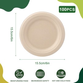 Ksvaye Pack of 100 Round Brown Paper Plates, 15.5 cm, Robust Disposable Bowls, Sugarcane Plates, Disposable Tableware, Party Plates, Environmentally Friendly and Sustainable, Biodegradable for Party