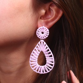 Boho Raffia Earrings Statement Teardrop Earrings Drop Dangle Bohemian Earrings for Women Cute Handmade Earring(Purple)