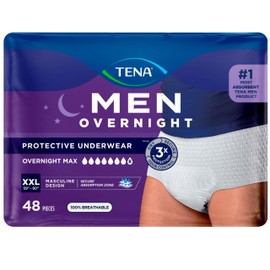 TENA MEN Protective Incontinence Underwear for Men, Overnight Max Absorbency, White, XXL, 48 Count (Packaging May Vary)