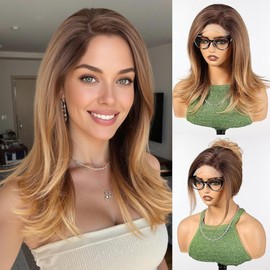 HAIRCUBE Lace Front Wig for Women Wavy Wigs with Partial Fringe, Heat Resistant Fibre Synthetic Lace Front Wig Golden Brown Color