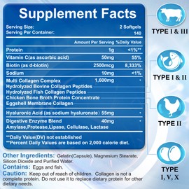 SIGNILIFE Multi Collagen Peptides for Women & Men, Hydrolyzed Collagen Peptides-Type I, II, III, V, X - with Hyaluronic Acid,Vitamin C,Biotin,Supports Skin Hair Nail, Non-GMO, 280 Softgels