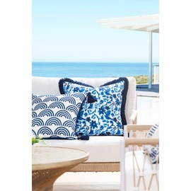Hofdeco Premium Coastal Hampton Style Patio Indoor Outdoor Pillow Cover Only, 20"x20" Water Resistant for Backyard, Couch, Navy Blue Floral Fringe