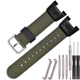 24mm Nylon Leather Watch Strap Compatible with Casio SGW-100 SGW100 Twin Sensor GW-3000 Men's Sport Watch Armygreen Replacement Band