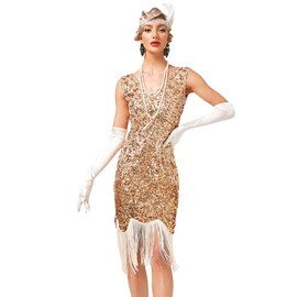 FYMNSI Women's 1920s V-Neck Sequins Fringe Dress Flapper Charleston Dresses Cocktail Dress Party Dress 20s Costume Prom Dress, gold