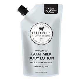 Dionis Goat Milk Skincare Body Lotion 16.9oz Refill Pouch, Cruelty Free Clean Ingredients & Dermatologist Tested Lotion for Dry Skin, Hydrating & Deeply Moisturizing Rich in Vitamins, Unscented