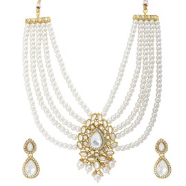 Aheli Indian Traditional Bollywood Faux Pearls 5 Layer Stone Studded Necklace Earrings Set Gift for Women Ethnic Jewelry White