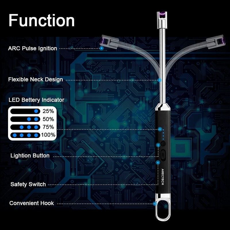 ARECTECH Electric Arc Candle Lighter Flameless Rechargeable USB Long Lighters