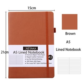 AEYAKA Lined Notebook A5 Journal Notebook A5 Lined Diary Hardcover and Elastic Closure Pen Holder PU Leather Case Thick 80gsm Paper, 15 x 21 cm (Lined, Brown-400)