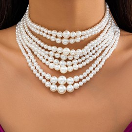Octwine Boho Round Imitation Pearl Layered Choker Necklace Multi Strands Vintage 1920s Bridal Wedding Christmas Vintage Shiny Large Necklace for Women (Silver 3)