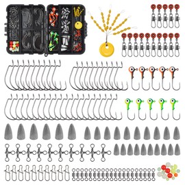 175pcs Fishing Gear Equipment Kit,Including Bullet Weight 3X Worm Hooks Round Jig Head Hook Sinker Slide Space Beans Swivel Fishing Snaps 3 Way Swivels with Tackle Box for Saltwater Freshwater