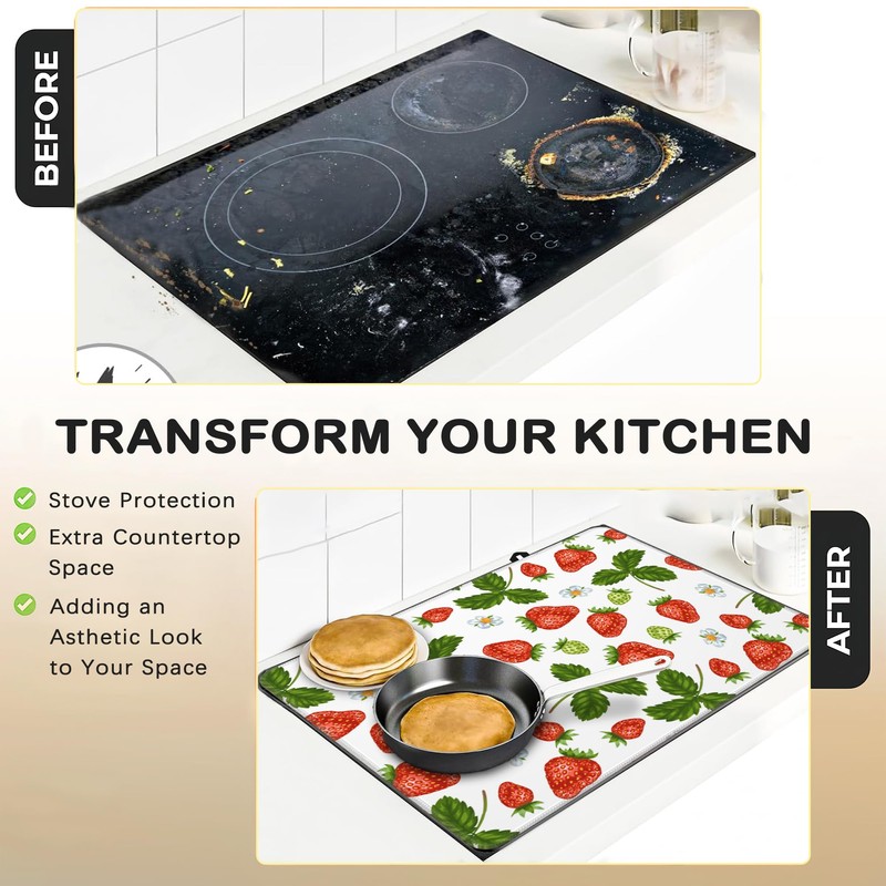Stove Top Cover for Electric Stove，Christmas Kitchen Decor Red Strawberries