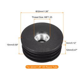 uxcell 8Pcs Inserts for Round Tubes with M8 Thread, for 32mm/1.26" OD Round Tube, Round Black Plastic Plug Caster Insert Chair End Caps Furniture Leg Plug