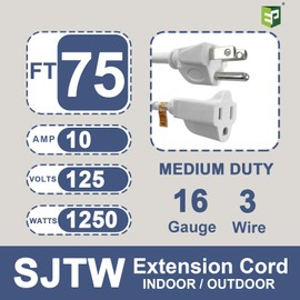 EP 75 Ft Outdoor Extension Cord - 16/3 SJTW White Electrical Cable with 3 Prong Grounded Plug, UL Listed