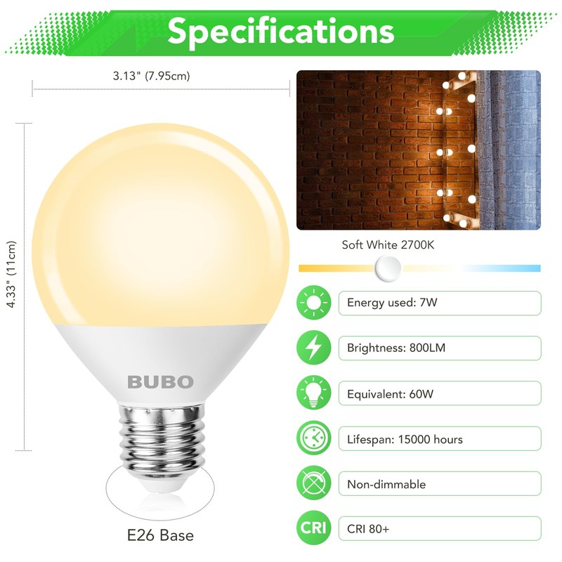 BUBO Globe Light Bulbs 60 Watt Equivalent, Vanity Light Bulbs
