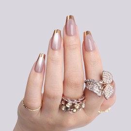 Polychrome&air Press On Nails, 30pcs/15 Sizes Golden French Tip Press On Nails Set, UV Cover Fake Nails with Nail Glue & Adhesive Tabs - Reusable False Nails & Accessories for Party/Dating/Event/DIY