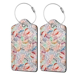 Set of 2 Creative Passport Stamp Luggage Tags Colorful Visa Stamps Leather Suitcase Tags with Stainless Steel Loop and Privacy Cover for Women Men Travel Luggage Accessories