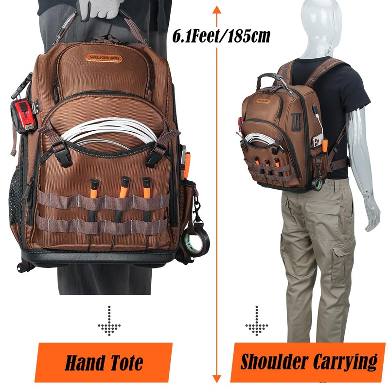 WELKINLAND-70Pockets HVAC Backpack, Heavy-Duty Electrician Tool Backpack, Hard Bottom Tool