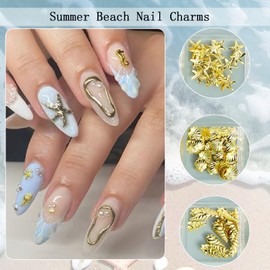 ITPOYOL Ocean Nail Art Charms 3D Metal Beach Nail Charms and Gems Gold Shell Seahorse Starfish Conch Pineapple Feathers Summer Design Nail Rhinestones Jewelry Accessories for Women Nail Decorations