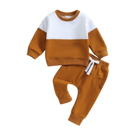 Ursobutegl Toddler Baby Boy Clothes Color Block Sweatshirt Pullover Tops Jogger Pants 2Pcs Fall Winter Sweatsuit Outfit (Brown Block 3, 0-6 Months)